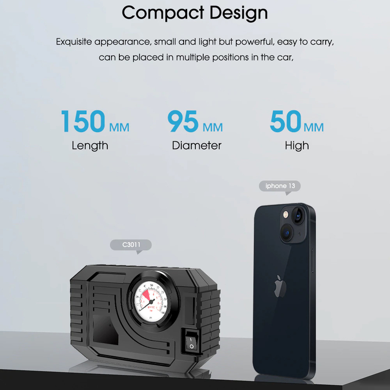 Mini Τρόμπα Έκτακτης Ανάγκης Αυτοκινήτου 150 PSI CarSun® με Φακό, Οθόνη Αφής για Ρύθμιση & Προβολή Πίεσης, Χειρολαβή, 12V Κομπρεσέρ Αέρος, C3012-1